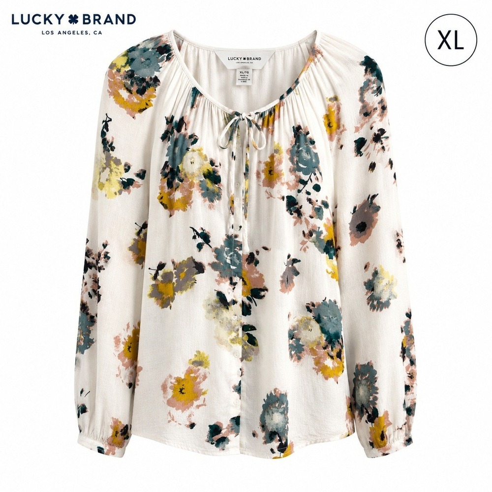 Lucky Brand Peasant Blouse Women XL White Floral Relaxed Boho Cottagecore Office